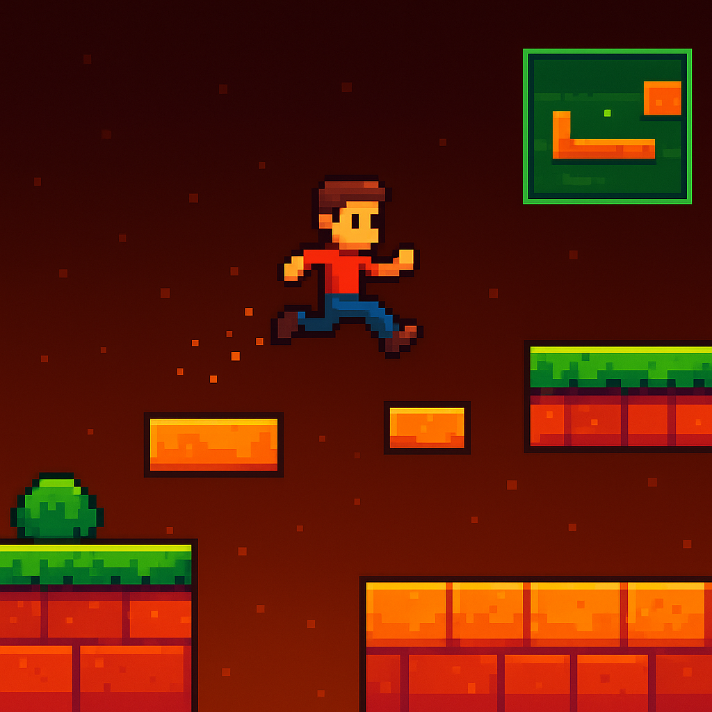 Level montage: colorful modular tiles, player avatar mid-jump